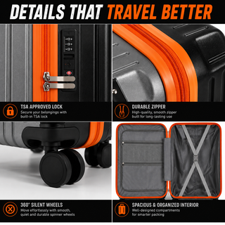 XPLR 20" Cabin Suitcase Hard Shell Carry On with USB Port, Cup Holder, TSA Lock & 360° Spinner Wheels