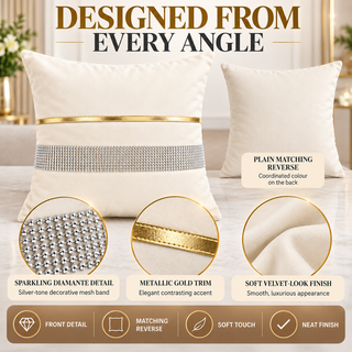 K Collection Pleated Diamante Cushion 45cm – Gold Trim – Filled