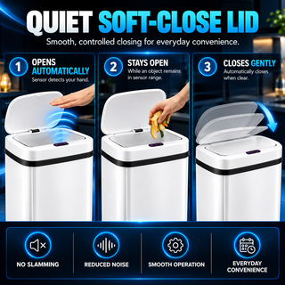 K Collection 50L Automatic Sensor Bin – Touchless Soft-Close Lid – White