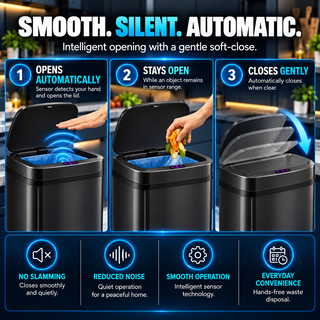 K Collection 50L Automatic Sensor Bin – Touchless Soft-Close Lid – Black
