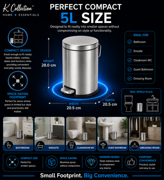 K Collection 5L Soft Close Pedal Bin – Stainless Steel Bathroom Bin with Removable Bucket