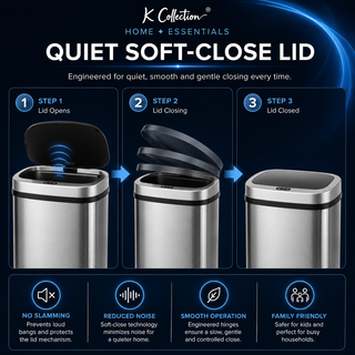K Collection 70L Sensor Bin for Kitchen – Large Automatic Motion Sensor Waste Bin – Soft-Close, Fingerprint-Resistant Steel – USB-C or Battery Powered – Silver