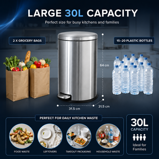 K Collection 30L Soft Close Bin – Premium Stainless Steel Pedal Bin with Removable Inner Bucket, Ideal for Bathroom, Kitchen & Office