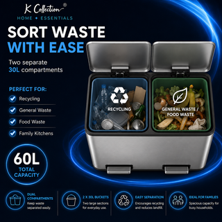 K Collection 60L Dual Recycling Kitchen Bin – Soft Close Pedal, Stainless Steel, 2 x 30L