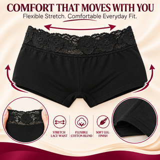 Harte & Soul Women's Lace Waist Cotton Boxers 5 Pack - Black