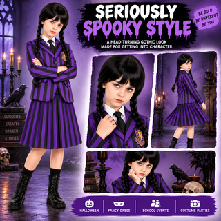 Girls Wednesday Gothic Costume with Wig - Sizes 5-6 to 9-10