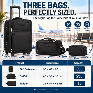 K Collection 3 Piece Luggage Set - Ryanair and EasyJet Travel Bags - Black