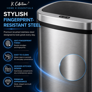 K Collection 50L Sensor Bin for Kitchen – Large Automatic Motion Sensor Waste Bin – Soft-Close, Fingerprint-Resistant Steel – USB-C or Battery Powered – Silver