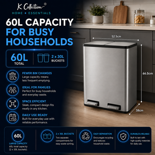 K Collection 60L Dual Recycling Kitchen Bin – Soft Close Pedal, Stainless Steel, 2 x 30L