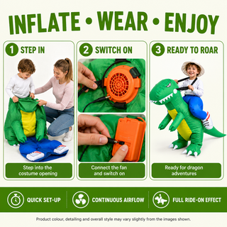 Younger Kids’ Inflatable Green Dragon Ride-On Costume – One Size 80–120 cm – Perfect for Parties, School Events & Halloween