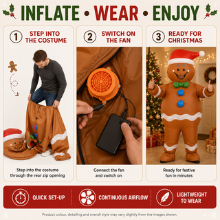 Adult Inflatable Gingerbread Costume - One Size 160–190cm – Perfect for Christmas Parties, Events & Fancy Dress