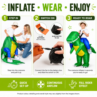 Kids Inflatable Green Dragon Ride-On Costume – One Size 120–150 cm – Perfect for Parties, School Events & Halloween