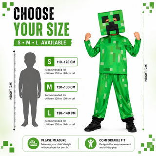 Kids Pixel Block Gaming Costume – Green Character Fancy Dress – Sizes 5-6 to 9-10