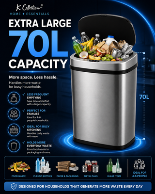 K Collection 70L Sensor Bin for Kitchen – Large Automatic Motion Sensor Waste Bin – Soft-Close, Fingerprint-Resistant Steel – USB-C or Battery Powered – Silver