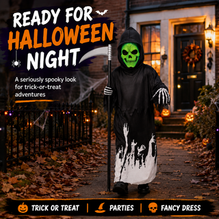 Kids Glow in the Dark Reaper Skeleton Halloween Costume - 3-12 Yrs