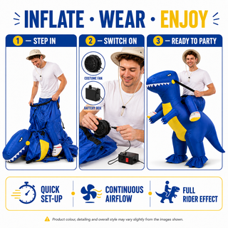 Adult Inflatable Blue Dragon Ride-On Costume - One Size 160-190cm – Perfect for Festivals, Parties & Halloween