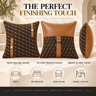 K Collection Monogram Faux Leather Cushion 45cm – Saddle Tan & Noir