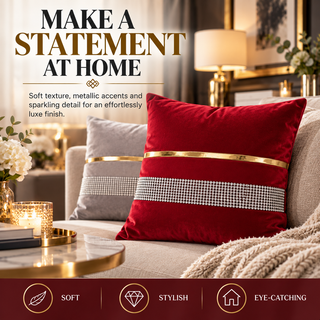 K Collection Pleated Diamante Cushion 45cm – Gold Trim – Cover Only