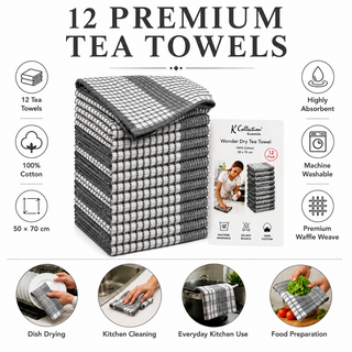K Collection Cotton Check Wonderdry Tea Towels 50 x 70cm – Black, Grey & Assorted Colours