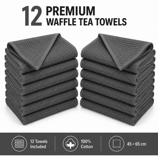K Collection Premium Waffle Tea Towels 45 x 65cm - Highly Absorbent Quick Dry - Catering Bar Towel with Hanging Loop – Pack of 12