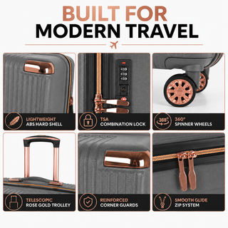 XPLR 4 Piece ABS Luggage Set with TSA Lock, 360 Degree Spinner Wheels and Rose Gold Handle