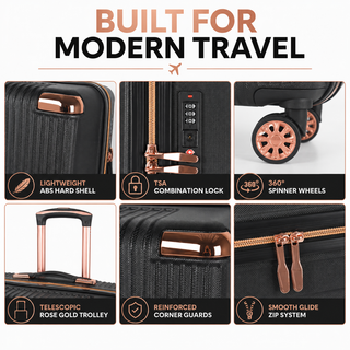 XPLR 4 Piece ABS Luggage Set with TSA Lock, 360 Degree Spinner Wheels and Rose Gold Handle