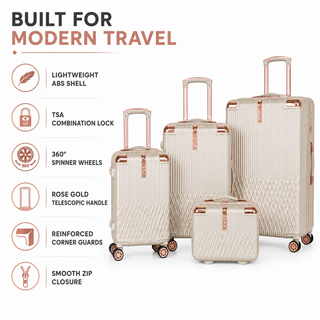 XPLR 4 Piece ABS Luggage Set with TSA Lock, 360 Degree Spinner Wheels and Rose Gold Handle