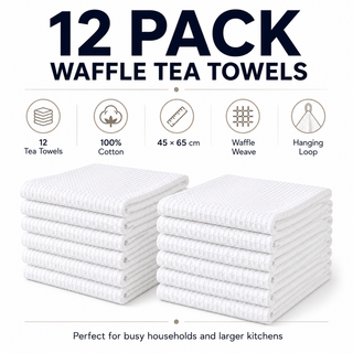 K Collection Premium Waffle Tea Towels 45 x 65cm - Highly Absorbent Quick Dry - Catering Bar Towel with Hanging Loop – Pack of 12