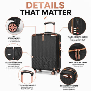XPLR 4 Piece ABS Luggage Set with TSA Lock, 360 Degree Spinner Wheels and Rose Gold Handle
