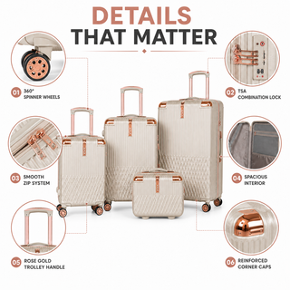 XPLR 4 Piece ABS Luggage Set with TSA Lock, 360 Degree Spinner Wheels and Rose Gold Handle