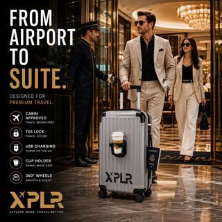 XPLR Cabin Suitcase 20 Inch (55x34x24cm) - Hard Shell Carry On Luggage with USB Charging Port, Cup Holder, TSA Lock, 360° Spinner Wheels, Lightweight 2.8kg Hand Luggage for Travel