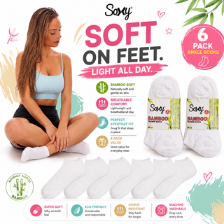 Ladies 6 Pack Bamboo Trainer Ankle Socks, Breathable Low Cut Ankle Trainer Sock - White