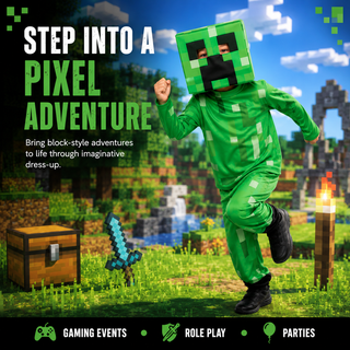Kids Pixel Block Gaming Costume – Green Character Fancy Dress – Sizes 5-6 to 9-10