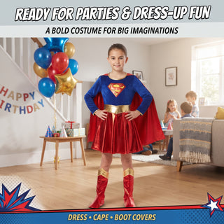 Girls Superhero Costume with Cape - Fancy Dress Sizes 5-6 to 9-10