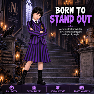 Girls Wednesday Gothic Costume with Wig - Sizes 5-6 to 9-10
