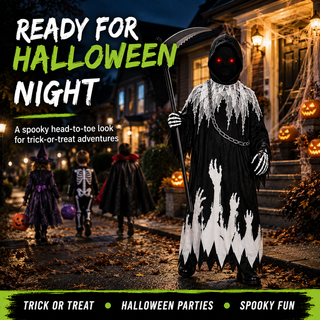 Kids Glow in the Dark Grim Reaper Halloween Costume - Hooded - 3-12 Yrs