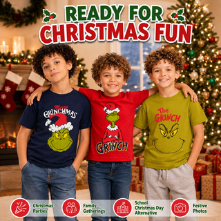 Kids Grinch T-Shirts 3 Pack - Cotton Grinchmas Tops - Ages 2-3 to 13-14