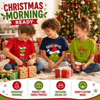 Kids Grinch T-Shirts 3 Pack - Cotton Grinchmas Tops - Ages 2-3 to 13-14