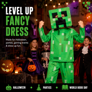 Kids Pixel Block Gaming Costume – Green Character Fancy Dress – Sizes 5-6 to 9-10