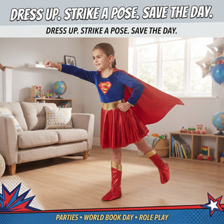 Girls Superhero Costume with Cape - Fancy Dress Sizes 5-6 to 9-10