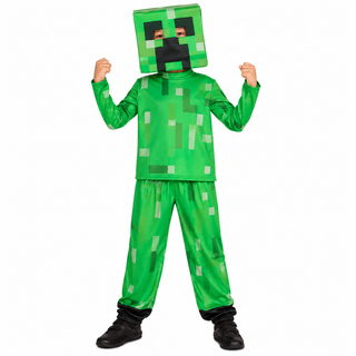 Kids Pixel Block Gaming Costume – Green Character Fancy Dress – Sizes 5-6 to 9-10