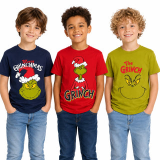 Kids Grinch T-Shirts 3 Pack - Cotton Grinchmas Tops - Ages 2-3 to 13-14