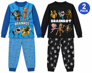 Gamer Brainrot Pyjamas Pack of 2 Long Sleeve Sets | Italian Brainrot Kids Pyjama Set | Tralalero Tralala Tung Tung Sahur | Boys PJs 5-12 Years | 100% Cotton | Blue & Black