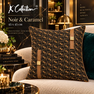 K Collection Monogram Faux Leather Cushion 45cm – Noir & Caramel