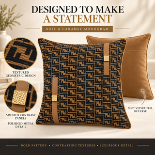 K Collection Monogram Faux Leather Cushion 45cm – Noir & Caramel