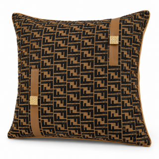 K Collection Monogram Faux Leather Cushion 45cm – Noir & Caramel