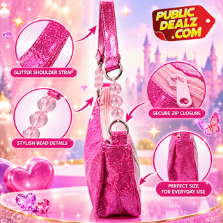Disney Princess Kids Glitter Pink Handbag with Beaded Strap with Belle, Tiana and Cinderella
