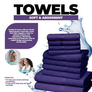 K Collection 10 Piece Egyptian Cotton Towel Set - 100% Cotton -  4 x Face, 4 x Face & 2 x Bath - Purple Design