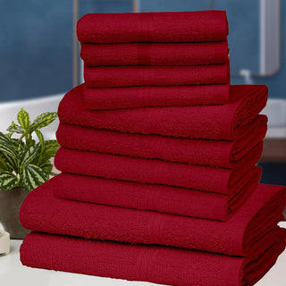 K Collection 10 Piece Egyptian Cotton Towel Set - 100% Cotton -  4 x Face, 4 x Face & 2 x Bath - Red Design