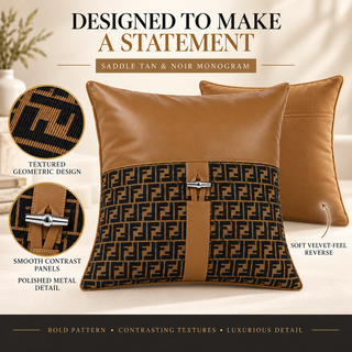 K Collection Monogram Faux Leather Cushion 45cm – Saddle Tan & Noir